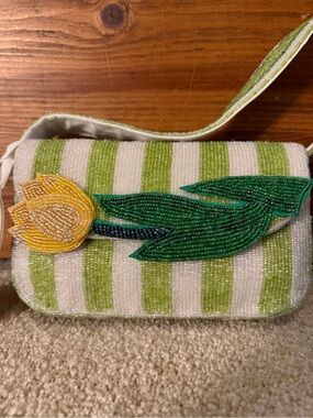 Handmade Green & White Striped Beaded Crossbody with Yellow Tulip